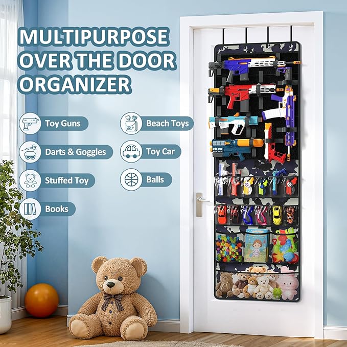 Over The Door Organizer for Toy Guns, Toy Storage, Toys Organizer with Pockets, Hook&Loop Straps for Foam Blasters, Darts, Goggles, Hanging Toys Gun Storage for Kid Rooms, Play rooms, Camouflage