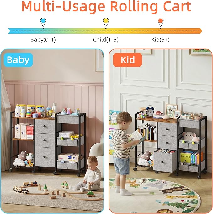 GYIIYUO Diaper Caddy Cart with Storage Fabric Drawers/Open Shelves, Baby Caddy Organizer, 3-Tier Rolling Utility Cart on Wheels for baby nursery essentials,bedside,makeup(Rustic Brown)