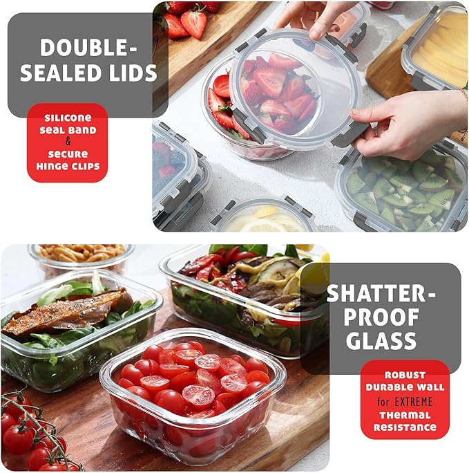 Nestl 48pc Glass Storage Containers with Lids, 24 Glass Food Storage Containers with 24 Airtight Lids for Pantry & Kitchen, Meal Prep Containers for Lunch, Oven Microwave & Dishwasher Safe, Cream