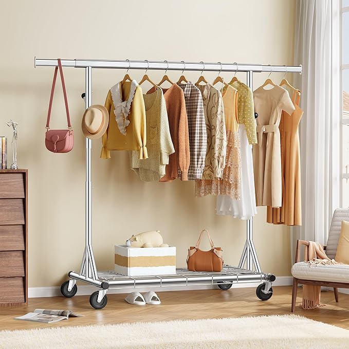 FAVOOSTY Heavy Duty Clothes Rack Load 450 LBS, Rollong Clothing Rack for hanging Clothes with Shelves, Freestanding Garment Rack, Portable Wardrobe Closet Rack for Laundry Room Bedroom, Silver