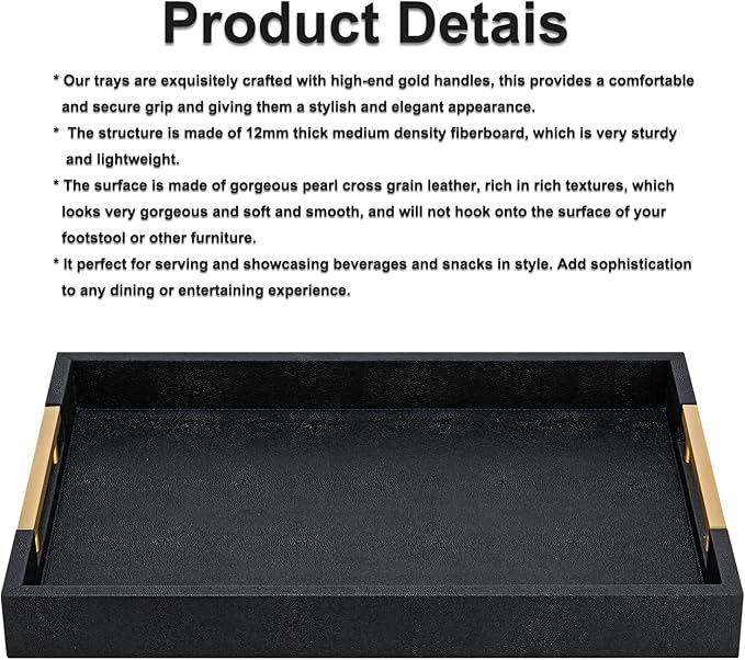Black Faux Leather Large Square Tray with Handles – Decorative Serving for Coffee Table, Ottoman, Living Room & Bathroom