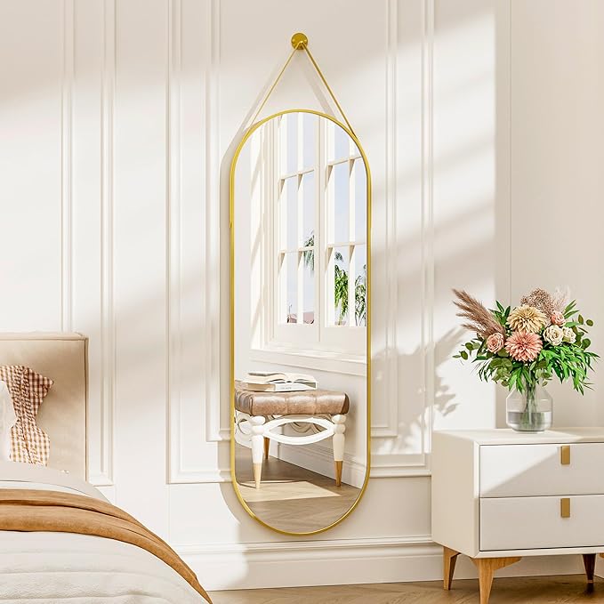 48"x16" Hanging Mirror with Leather Strap,Oval Full Length Mirror with Aluminum Frame Wall-Mounted Hanging Mirrors for Bathroom Vanity Living Room Bedroom Entryway Decor, Gold