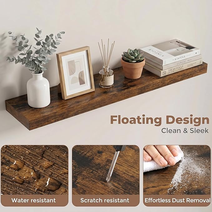 Venusmiles Floating Shelves for Wall, 32 Inch Floating Shelves Set of 2, 6.5" D Wooden Wall Mounted Display Shelves with Invisible Brackets for Living Room, Bedroom, Bathroom, Kitchen Decor, Brown