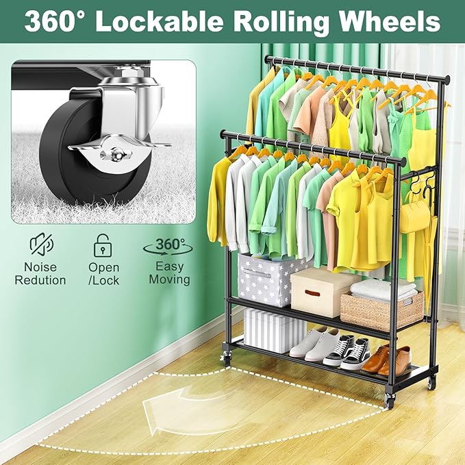 Rolling Clothes Rack with Doule Rod for Hanging, Heavy Duty Metal Garment Rack Load 350 LBS with Lockable Wheel, Free Standng Clothing Rack with 2 Shelves and Side Hooks for Home Commercial, Black