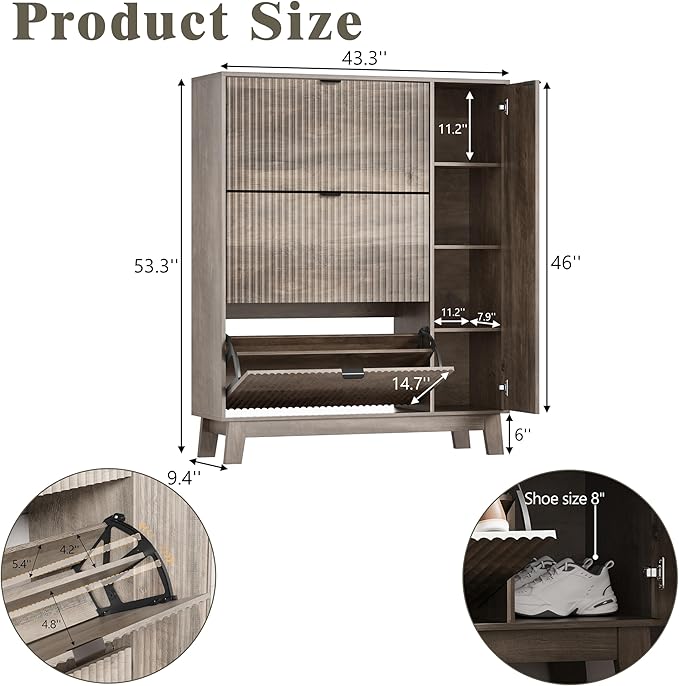 Shoe Cabinet Storage for Entryway with 3 Flip Drawers & Side Cabinet, Fluted Narrow Shoe Organizer with Wooden Leg, Freestanding Shoe Storage Hidden Shoe Rack Organizer for Front Door Entrance, Grey
