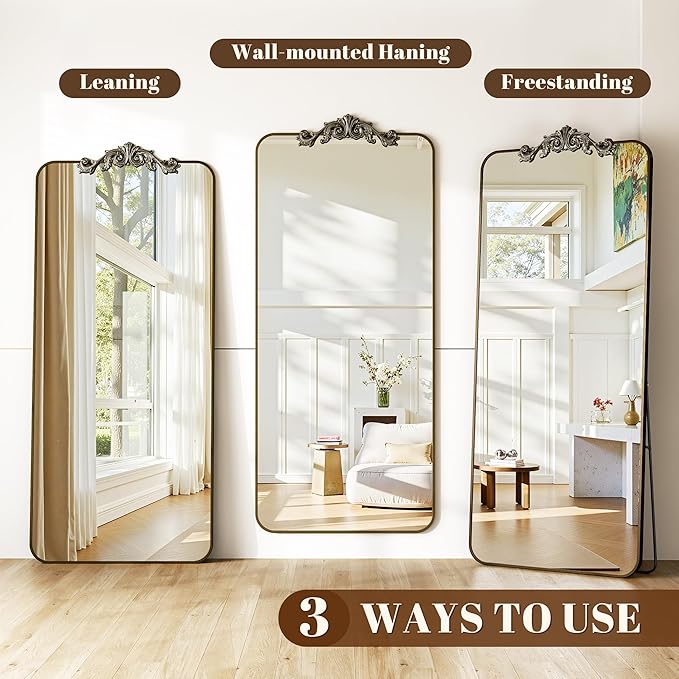 Vintage Full Length Mirror, 81"x41" Floor Mirror with Carved, Full Body Mirrors for Home Decor, Standing/Hanging Large Wall Mirrors for Bedroom/Living Room/Entryway, Bronze, Retro Style