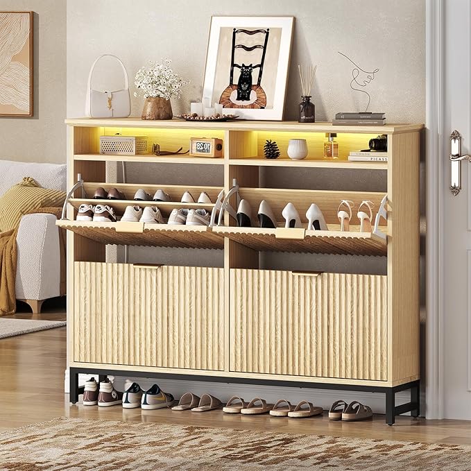 Fluted Shoe Storage Cabinet with 4 Flip Drawers, 47.24" Narrow Shoe Organizer Cabinet with LED Light, Slim Freestanding Shoe Rack Cabinet, Wooden Hidden Shoe Cabinet for Entryway, Hallway(Natural Oak)