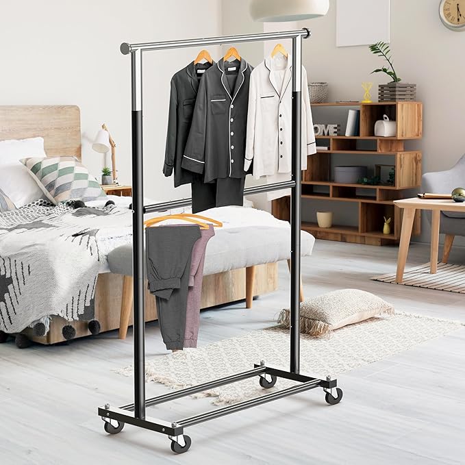 Simple Houseware Double Rod Garment Rack, Black