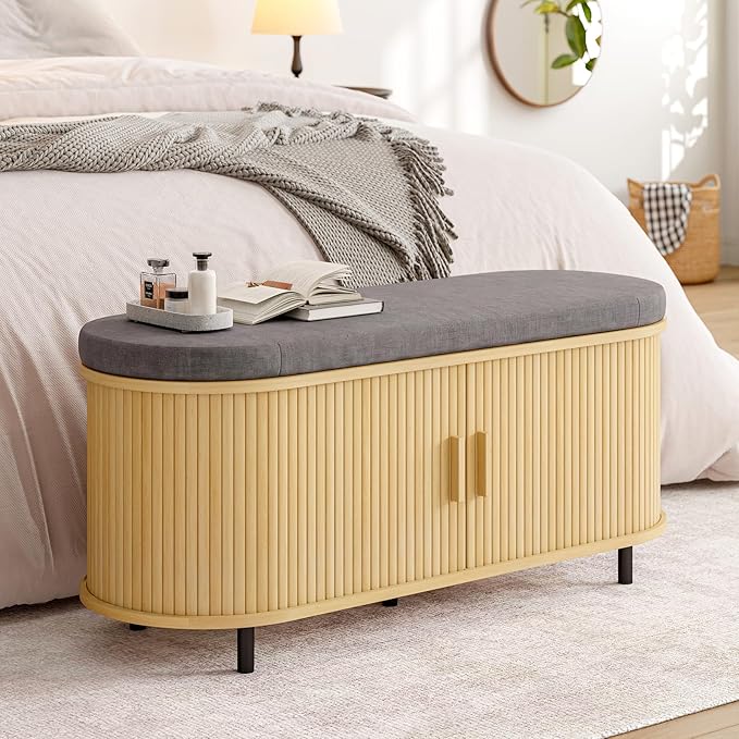 ONBRILL 43" Shoe Bench with Storage, Fluted Shoe Storage Bench with Cushion, Sliding Door and Adjustable Shelf, for Entryway, Hallway, Living Room, Oak