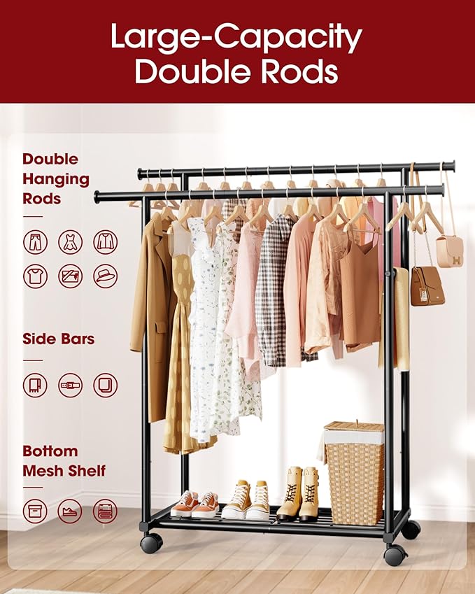 Sakugi Double Rods Clothes Rack - Metal Clothing Rack with Fixed Double Rods, Rolling Wheels & Built-In Shelf for Closet, Bedroom, Laundry Storage (39" x 17" x 60", Black)