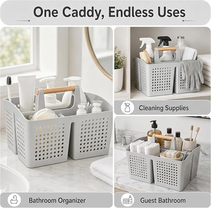 Portable Shower Caddy Basket with Wood Handle, 3-Compartment Bathroom Organizer Tote with Drain Holes, Plastic Shower Basket for Dorm, Toiletries, Cleaning Supplies,Light Gray