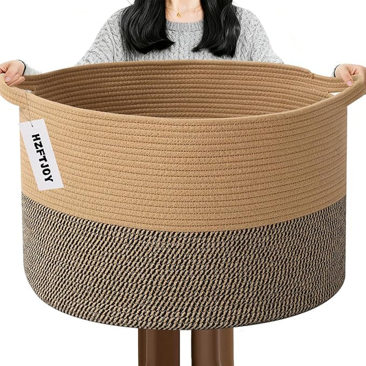 65L Large Blanket Basket,19.7" L x 19.7" W x 13" H Rope Woven Baskets with Handles, Toys Storage Bins,Laundry Basket Perfect for Living Room, Nursery,Bedroom,Home Organization,Jute&Black