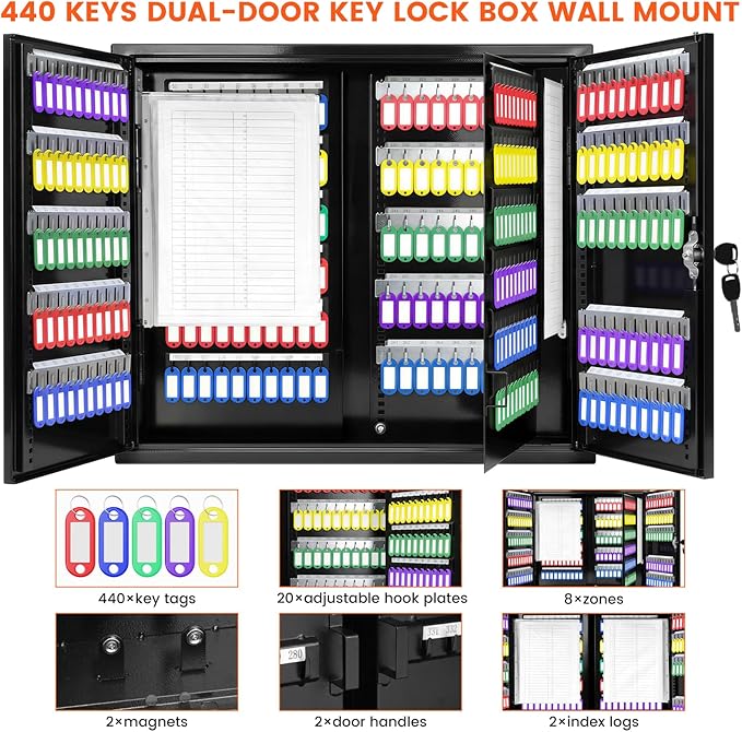 440 Keys Dual-Door Key Lock Box Wall Mount with 20 Adjustable Hook Plates, Numbered Hooks and Tags, Steel Key Cabinet with Index Log, Key Storage Box Key Organizer for Garage Home Office, Black