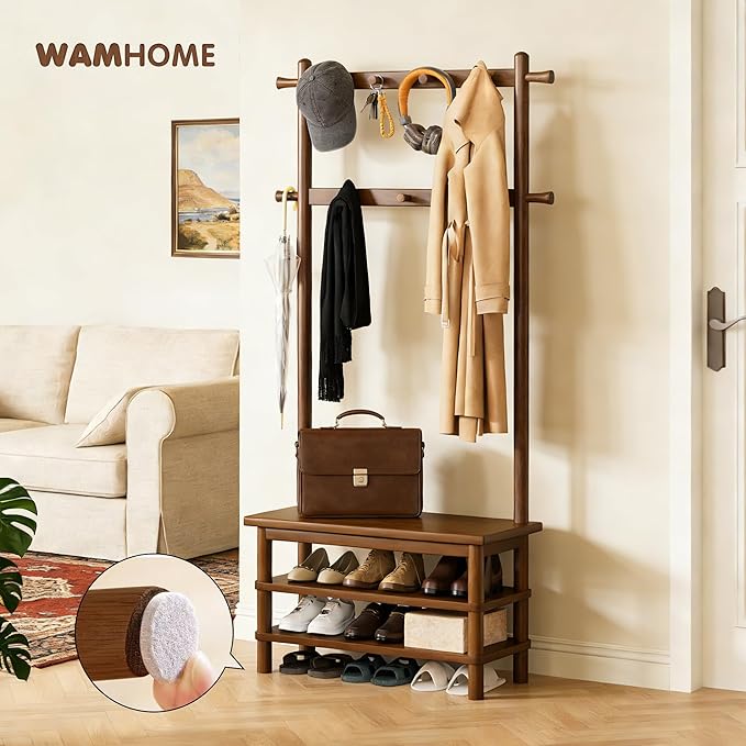 Hall Tree, 3-in-1 Entryway Bench with Coat Rack, 11 Hooks and 2-Tier Hall Tree with Shoe Storage Bench, Solid Wood Coat Rack Freestanding, 27.2" Long