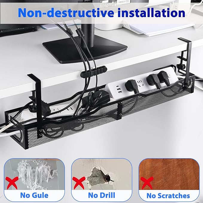 Under Desk Cable Management Box 25.3 Inch – Clamp-Mounted Cable Organizer Tray, Large Cord Management Box for Office & Home, Wire Organizer Under Desk Storage, Black
