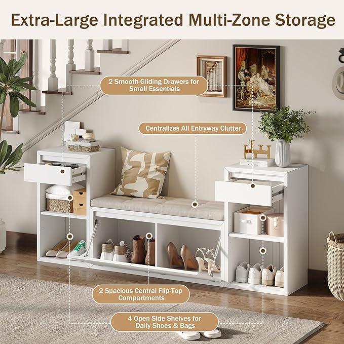 Merax All-in-One Shoe Storage Bench with Cushion & Flip Compartments, Entryway Bench with Drawers and Open Shelves, Solid Wood Storage Bench for Mudroom Hallway Living Room, White