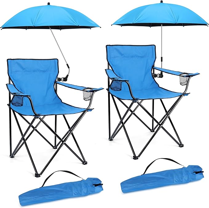 HaSteeL 2PCS Camping Chairs with Detachable Umbrella, Folding Beach Chair for Adults, Large Portable Foldable Chair for Outdoors Fishing Hiking Travel Picnic Lawn, Supports 275lbs, Storage Bags, Blue