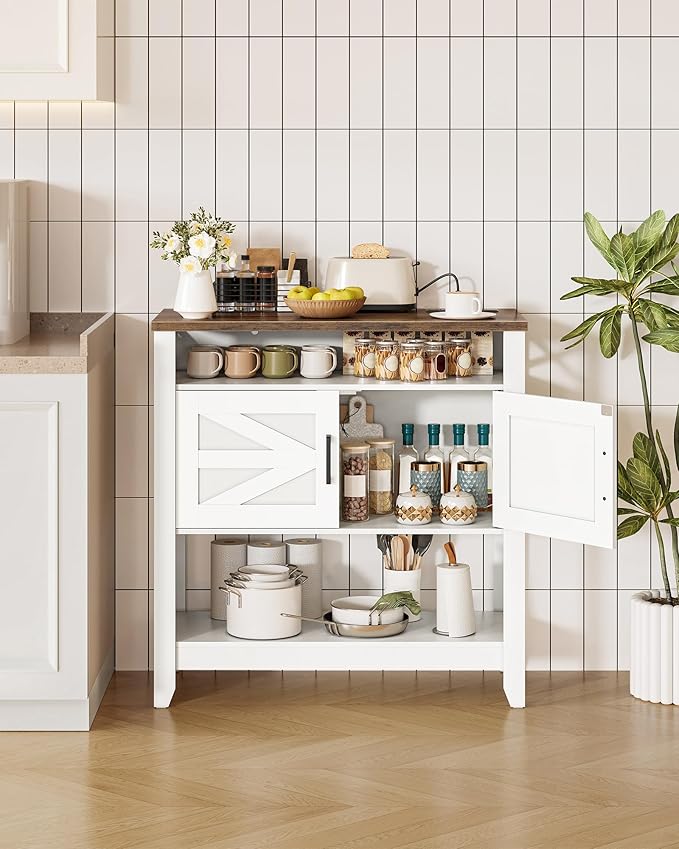 CHOEZON Console Table, Farmhouse Sofa Table with Power Outlet, Coffee Bar Cabinet with Storage, Entryway Table, Coffee Bar Table, for Entrance, Hallway, Kitchen, White and Walnut MXG01UWL