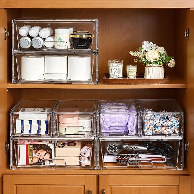 Stackable Storage Drawers(5 Pack),High-strength Clear Plastic Multi-purpose Organizer Bins with Handles, Easily Assemble Acrylic Drawers for Bathroom Closet Cabinet Pantry Under Sink