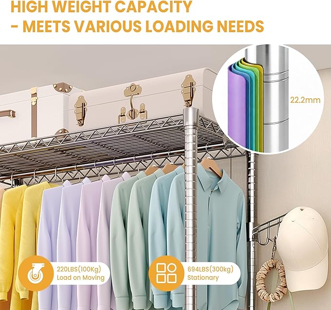 IDEALHOUSE Homdox Heavy Duty Rolling Clothing Rack, Adjustable Garment Rack with 3-Tier Storage Shelves, Freestanding Closet Organizer for Hanging Clothes, Metal Wardrobe Rack with Side Hooks, Silver