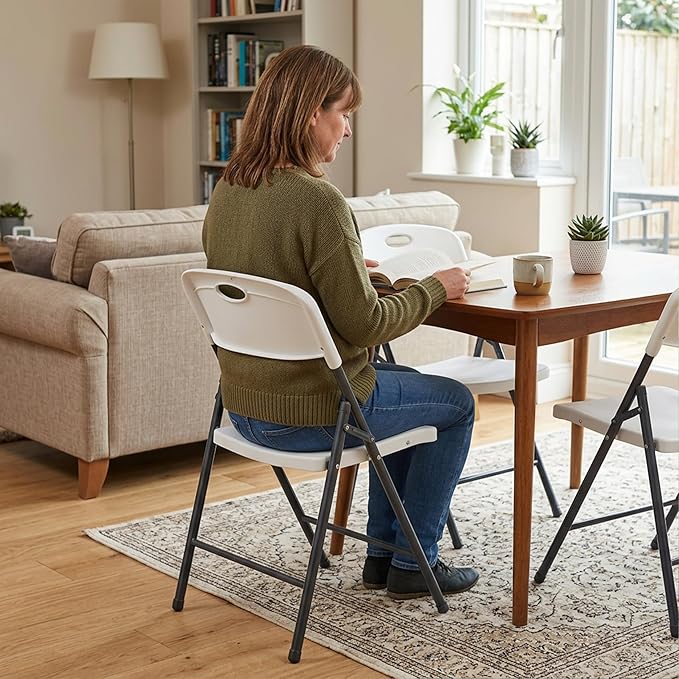 Simple Deluxe 4 Pack Folding Chairs Heavy Duty with Ergonomic Back - Plastic Stackable Portable Dining Chairs Set, for Home and Office, Conference, Wedding, Patio, Garden, for Indoor Outdoor, White