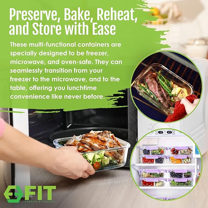2 & 3 Compartment Glass Meal Prep Containers (4 Pack, 32 oz) - Glass Food Storage Containers with Lids, Bento Box, Portion Control, Airtight, Oven & Freezer safe, Food Container, Lavender