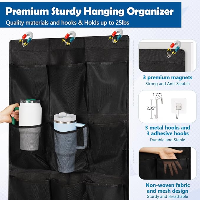 Over The Door Cruise Ship Organizer - Cruise Ship Magnetic Door Organizer with 15 Size-Graded Pockets, Hanging Magnetic Cruise Storage Shoe Rack for Cabin, 2026 Cruise Essential, 9 Hooks(Black)