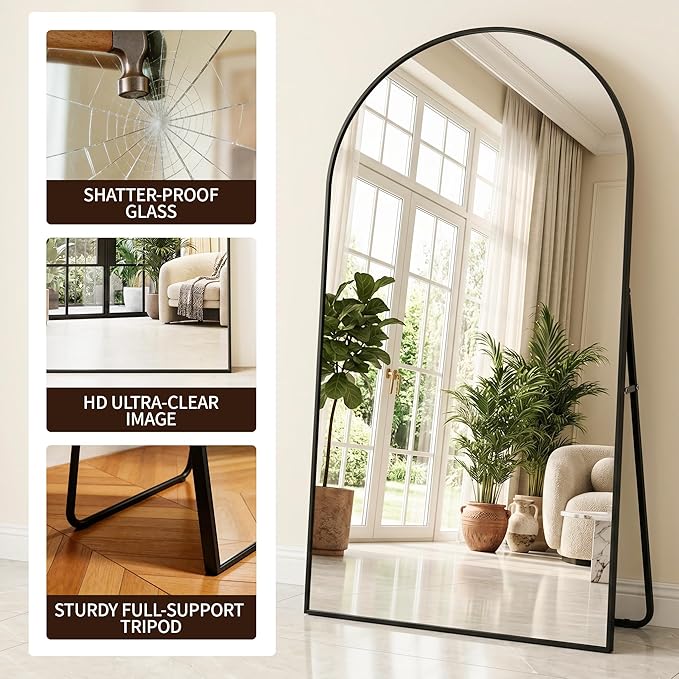 MISSDAY Large Arched Full Length Mirror, 81"x41" Oversized Full Body Mirror with Stand, Floor Mirror Long Free Standing, Leaning or Hanging, Frame Wall-Mounted Mirrors Wall Mirrors for Bedroom, Black