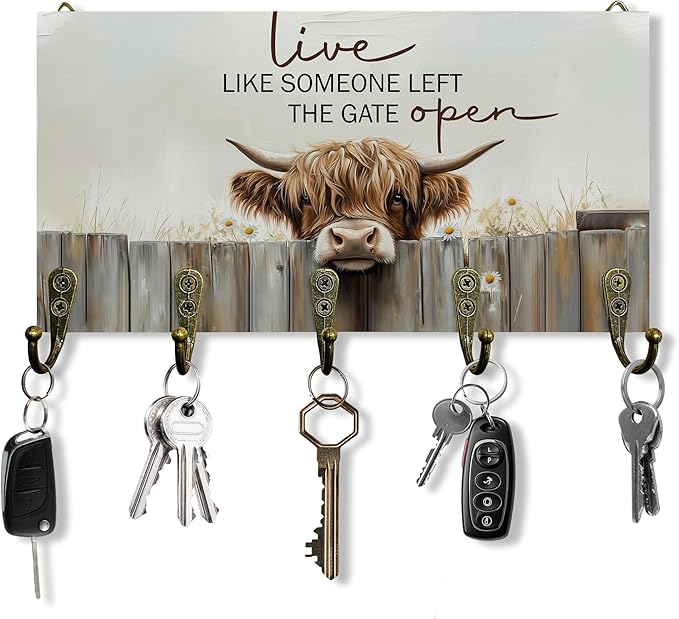 Highland Cow Decor Key Holder for Wall 10"x5.12", Highland Cow Gifts Key Hanger Wall Mount, Live Like Someone Left The Gate Open Rustic Farmhouse Wooden Hanging Keys Holder Decor for Entryway
