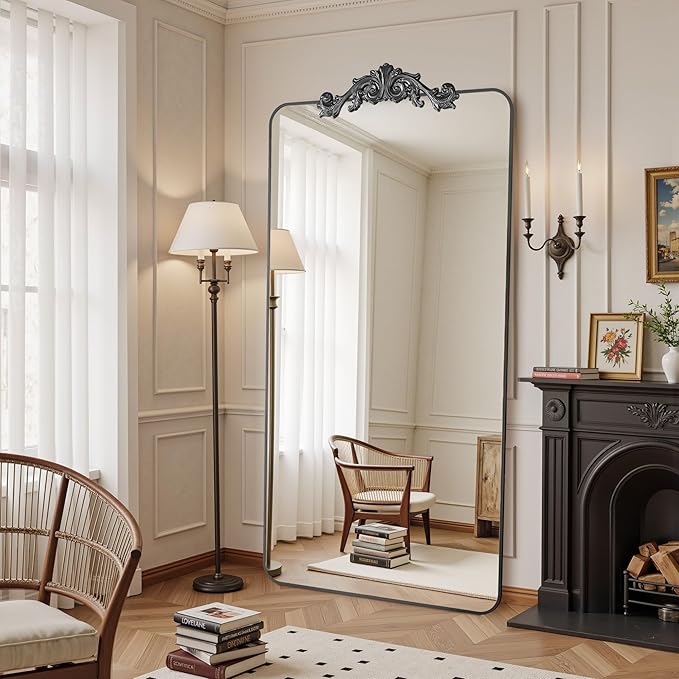 Vintage Full Length Mirror, 76"x34" Floor Mirror with Carved, Full Body Mirrors for Home Decor, Standing/Hanging Large Wall Mirrors for Bedroom/Living Room/Entryway, Black, Retro Style