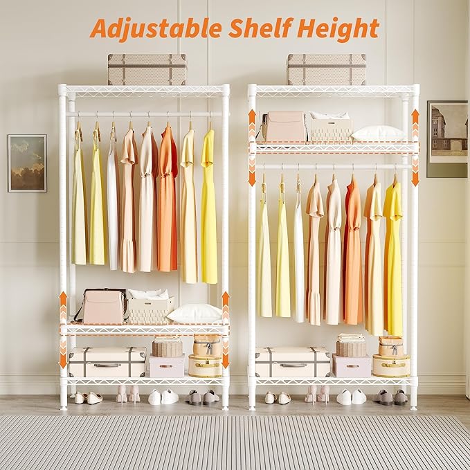 3-Tier Metal Clothes Rack with Adjustable Shelves and Hanging Rod, Freestanding Wardrobe Storage Organizer, 660 lbs Capacity, Portable for Bedroom or Laundry Room, White