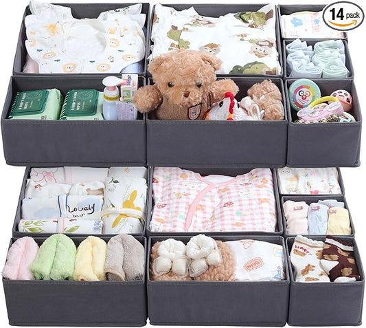 14 Pack Drawer Organizer for Clothes Dresser Organizer for Nursery-Perfect Baby Cloth Organizer and Storage General Nursery Organization or Dresser Drawer Organizer Bins Foldable Washable Grey