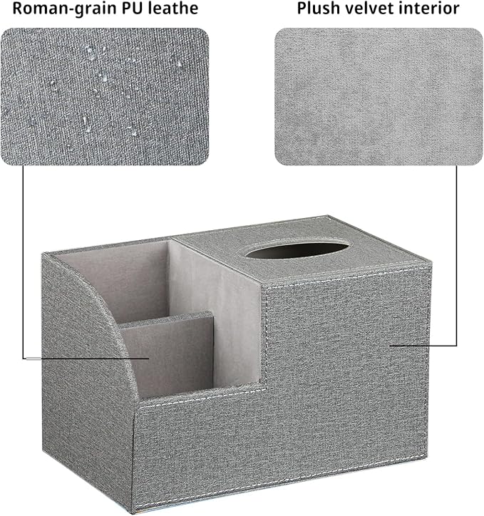 Square Tissue Box Cover with Storage, PU Leather Cube Tissue Box Holder, Remote Control Nightstand Organizer, Modern Desk Caddy for End Table, Bathroom, Bedroom, Home, Office Decor(Grey)