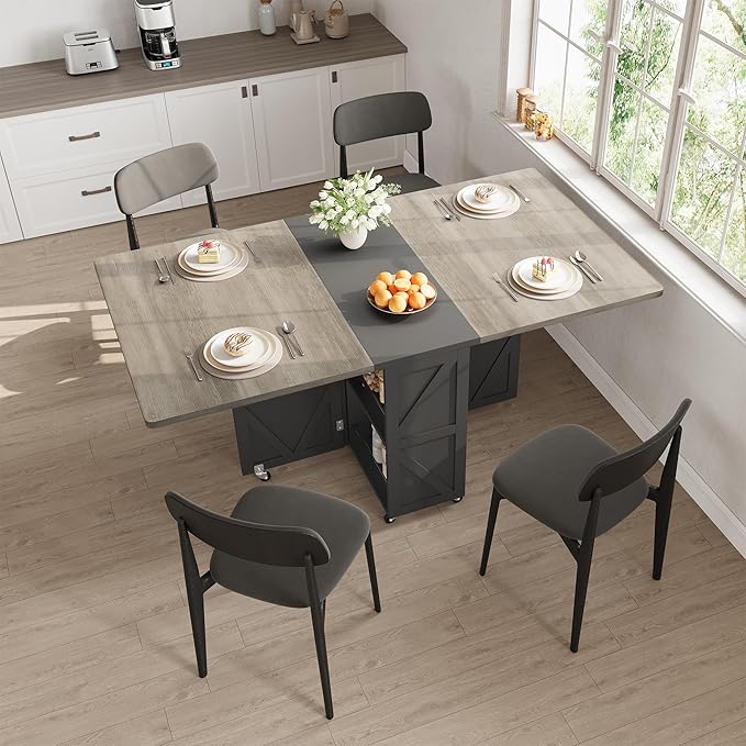 Jocoevol Space Saving Folding Dining Table for 4, Farmhouse Foldable Dining Table with Drawer and 2-Layer Storage Shelf, 6 Wheels Multipose Folding Kitchen Table for Small Space (Carlo Grey)