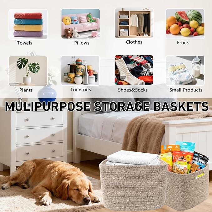 3 Pack Woven Rope Storage Baskets for Organizing,13.5"×11"×9.5"Storage Bins for Shelves,Perfect for Toys,Books,Towels,Clothes,Empty Gift Baskets for Nursery,Living Room&Bedroom(Mix Brown)