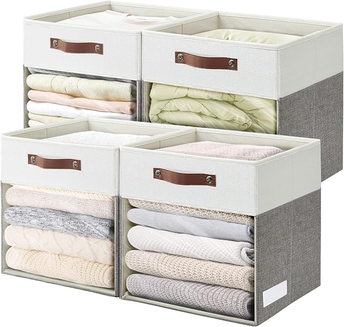 Bagnizer Storage Cubes, 4 Pack Linen Foldable Storage Bins with Clear Window and 2 Handles, 13x15x13 Storage Cube Bins for Shelf Closet, Kallax, Clothes, Books - (Gray / Off-White)