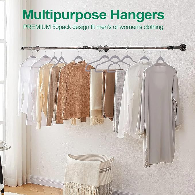 Plastic Coat Hangers 50-Pack,Non-Slip, Space Saving Closet Hangers for Dorm & Apartment - 360° Rotating, Heavy Duty, Durable (Grey)