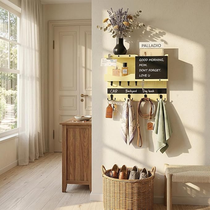 Key Holder for Wall Mount with Shelf and Mail Organizer, Key and Mail Holder with 16 Hooks, Farmhouse Entryway Organizer, Home Decor Rack(Pine Wood,Ivory Yellow)