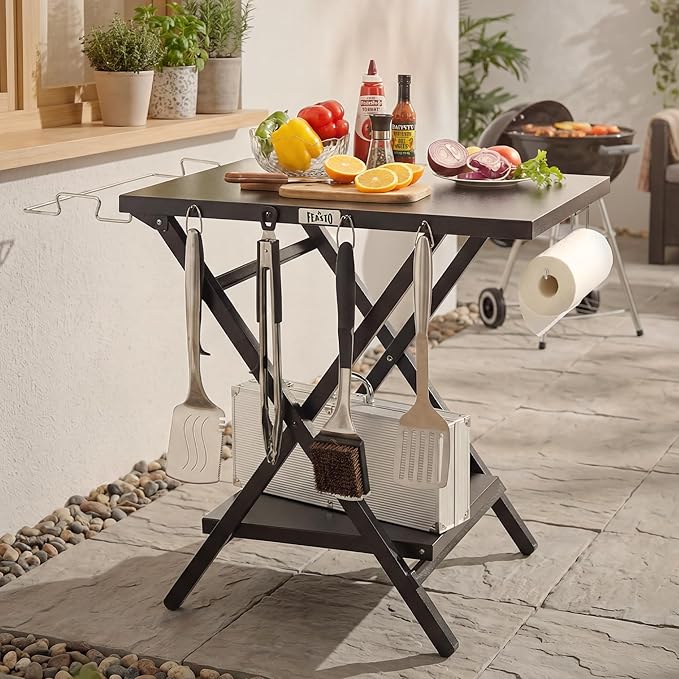 Feasto Outdoor Grill Table, Foldable Pizza Oven Stand & Griddle Stand with Garage Rack & Tissue Holder, Folding Outdoor Prep Table for Gathering and Party, 30" x 24", Black