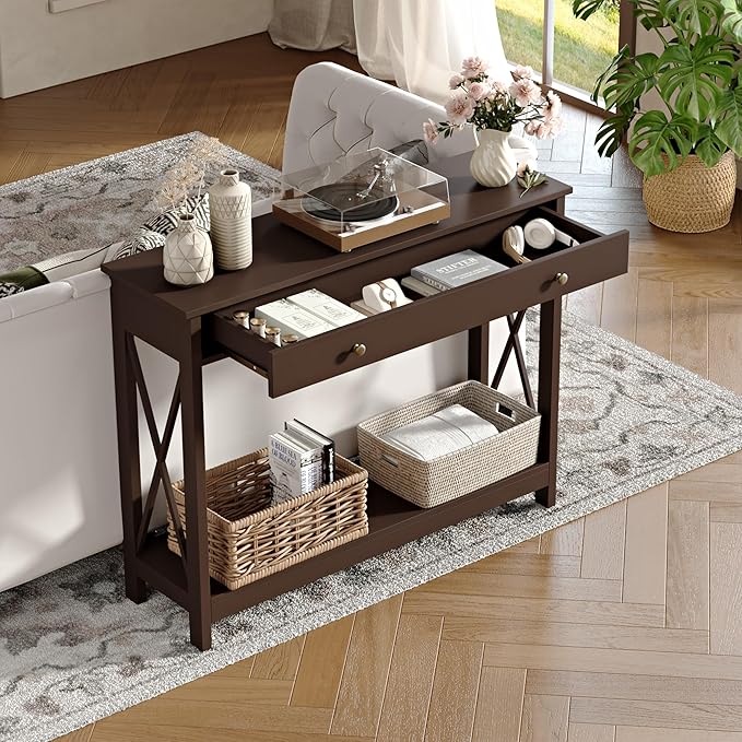 Treocho Espresso Console Table with Drawer and Storage Shelves, Foyer Sofa Table Narrow for Entryway, Living Room, Hallway