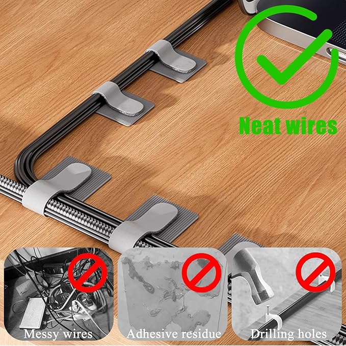 80PCS Hook and Loop Cable Ties, Under Desk Cable Management, Adhesive Cable Straps, Cord Management Hider Idea, Cord Organizer for Desk, Computer Accessories, Home Office Organization, Black+Gray