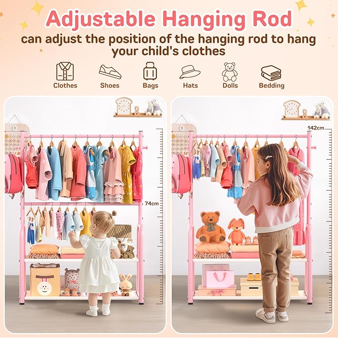 Kids Clothing Rack with 2-Layer Storage Shelf and 2 Adjustable Hanging Rods, Dress Up Rack for Hanging Clothes,Dress up Storage for Baby Toddle Kids(Classic, Pink)