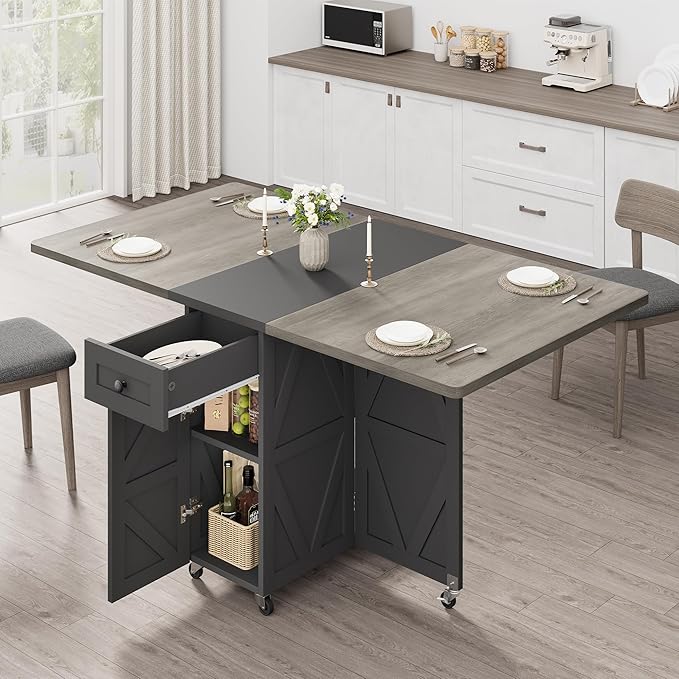 Space Saving Folding Dining Table for 2-4, Farmhouse Foldable Dining Table with Drawer and Storage Shelf, 6 Wheels Drop Leaf Kitchen Dining Room Table for Small Space (Grey, 47.2" x 23.6" x 29.9")