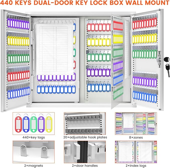 440 Keys Dual-Door Key Lock Box Wall Mount with 20 Adjustable Hook Plates, Numbered Hooks and Tags, Steel Key Cabinet with Index Log, Key Storage Box Key Organizer for Garage Home Office, White