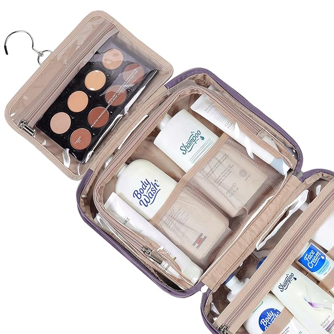 NISHEL Travel Toiletry Bag for Women, Makeup Essentials Organizer, Hanging Case for Accessories, Cosmetics, Large Size, Purple