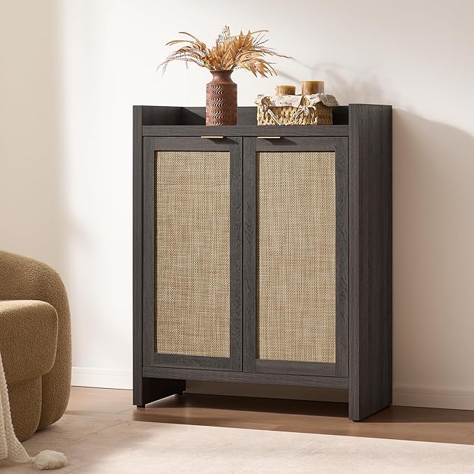 SICOTAS 41" Tall Shoe Cabinet, 24 Pair Shoe Storage Cabinet with Doors and 6-Tier Shelves, Rattan Shoe Cabinet Storage for Entryway, Farmhouse Boho Wooden Cabinet for Hallway, Black Oak