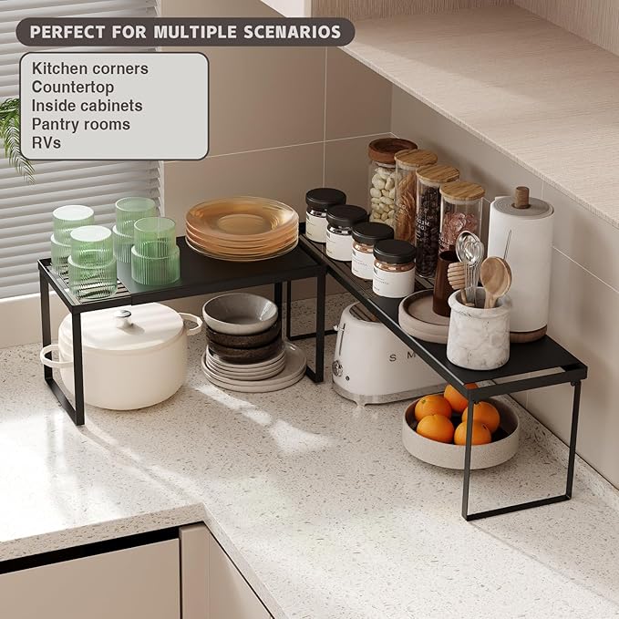 Magheo Expandable Cabinet Shelf Organizer, 1 Pack Stackable Kitchen Counter Shelf Riser, Metal Spice Rack Heavy Duty Countertop Organizer Storage for Kitchen, Pantry, Cupboard, Rv (8.7in Height,Black)
