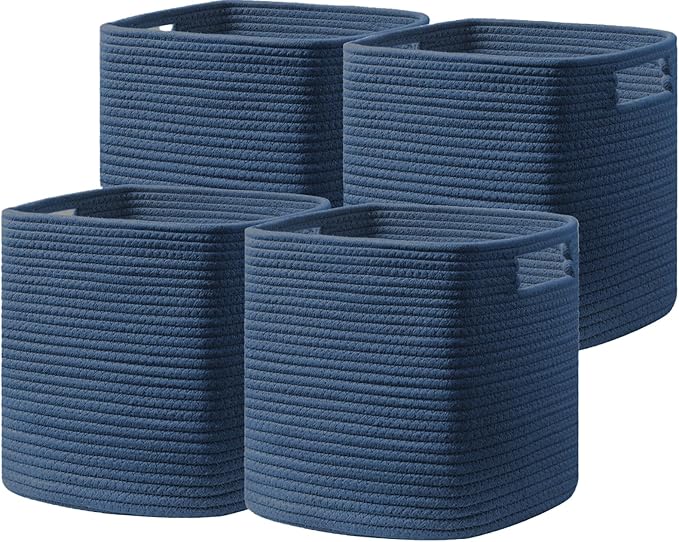 UBBCARE Set of 4 Storage Basket-11 X 10.5 X 10.5 In, Cotton Rope Basket for Shelves, Toys, Book, Cube Storage Bins with Handles, Woven Storage Basket for Organizing, Navy Blue