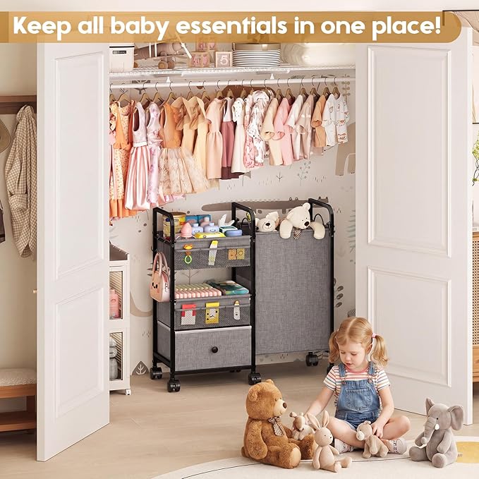 Cidaziya 2In1 Baby Diaper Caddy Organizer with Laundry Hamper, 3 Tier Rolling Cart with Dividers and Drawers, Upgrade Diaper Cart Utility Cart Clothes Organizer for Baby Essentials, New Mom, Nursery