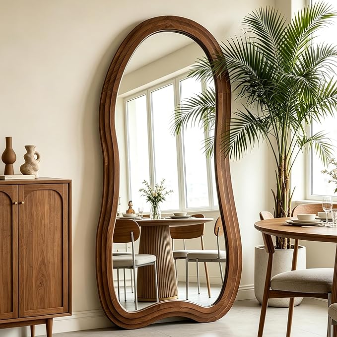 Large Irregular Floor Mirror, 67"x31.5" Asymmetrical Full Length Mirror with Triple Layer Solid Wood Frame, Organic Shaped Mirrors for Living Room Entryway Hallway Bedroom, Leaning/Hanging